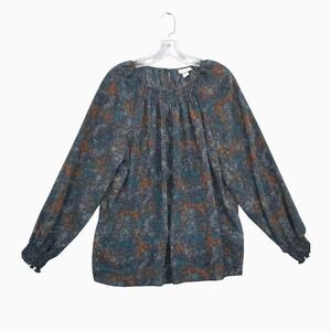 Ava & Viv Blouse Floral Print Sheer Smocked Neck Long‎ Sleeve 1X